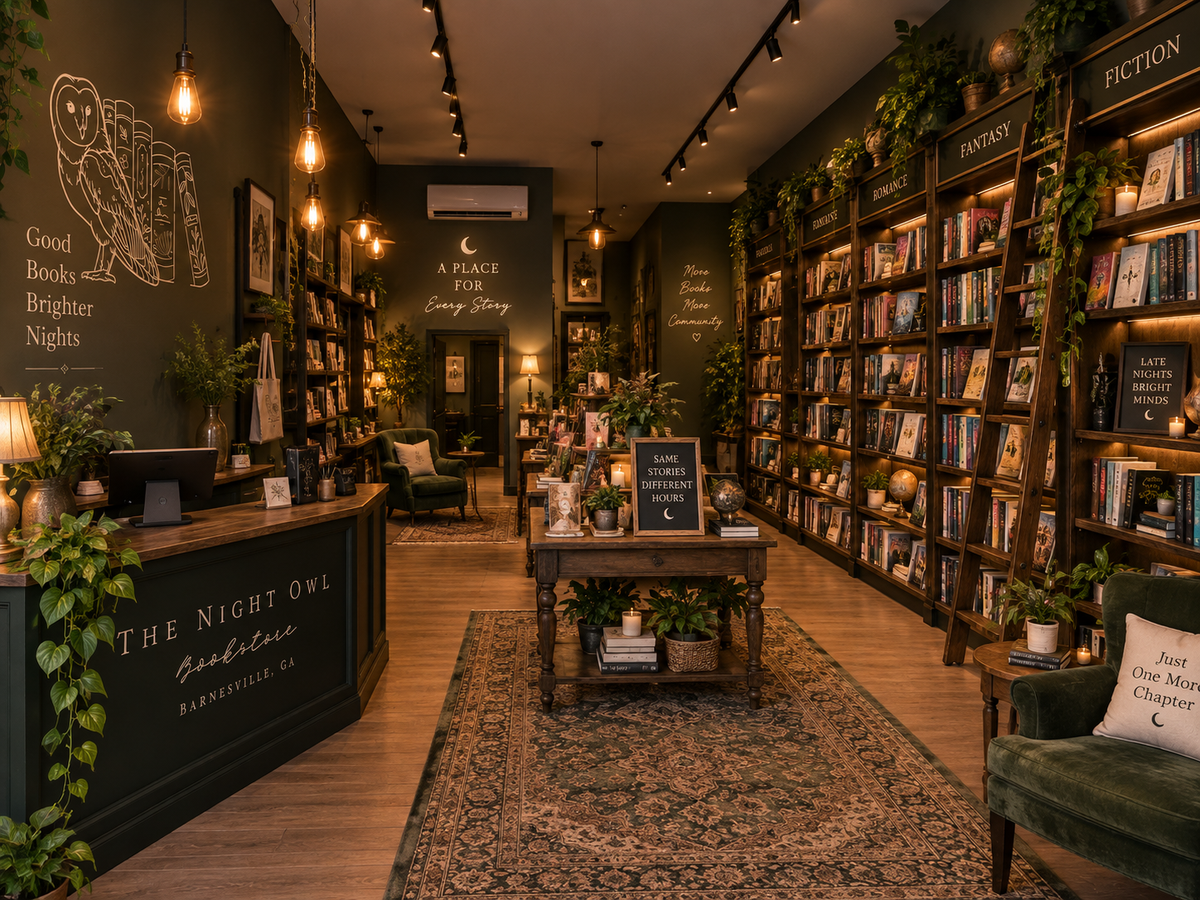 A cozy, dimly lit bookshop interior with tall wooden bookshelves covered in books, hanging pendant lights, a reception desk with the sign 'The Night Owl Bookbinder', a central table and rug, and greenery throughout.